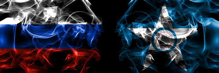 Russia, Russian vs United States of America, America, US, USA, American, Houston, Texas flags. Smoke flag placed side by side isolated on black background