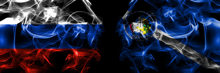 Russia, Russian vs United States of America, America, US, USA, American, Las Vegas, Nevada flags. Smoke flag placed side by side isolated on black background