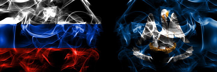 Russia, Russian vs United States of America, America, US, USA, American, Louisiana flags. Smoke flag placed side by side isolated on black background