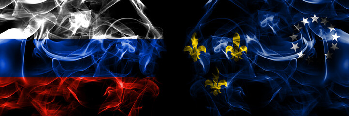 Russia, Russian vs United States of America, America, US, USA, American, Louisville, Kentucky flags. Smoke flag placed side by side isolated on black background