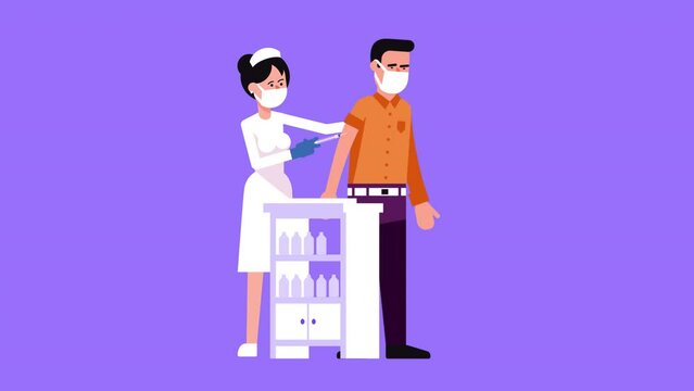 Nurse injects vaccine to patient. Man is being vaccinated. 2d animation with alpha channel