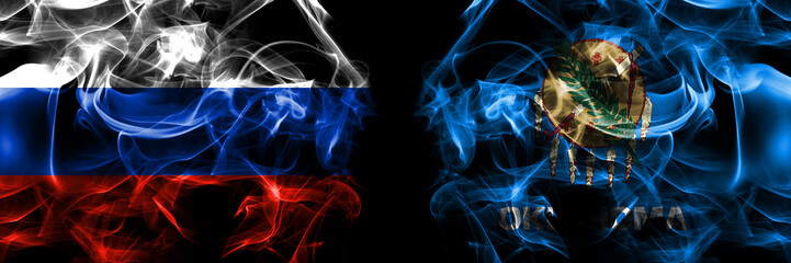 Russia, Russian vs United States of America, America, US, USA, American, Oklahoma flags. Smoke flag placed side by side isolated on black background