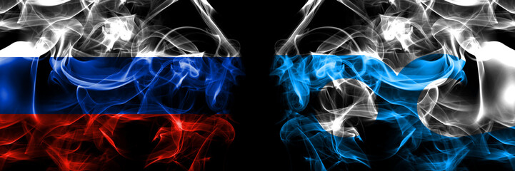 Russia, Russian vs United States of America, America, US, USA, American, Ocean City, Maryland flags. Smoke flag placed side by side isolated on black background