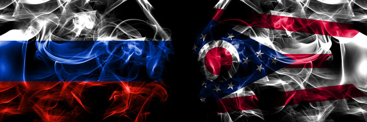 Russia, Russian vs United States of America, America, US, USA, American, Ohio flags. Smoke flag placed side by side isolated on black background