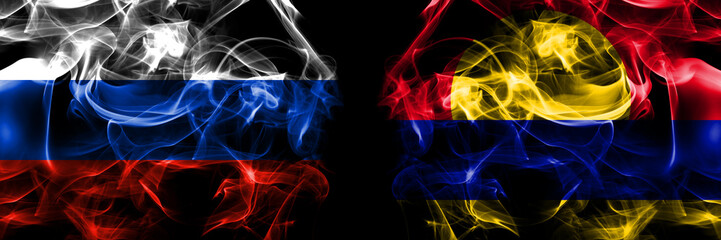 Russia, Russian vs United States of America, America, US, USA, American, Palmyra Atoll flags. Smoke flag placed side by side isolated on black background