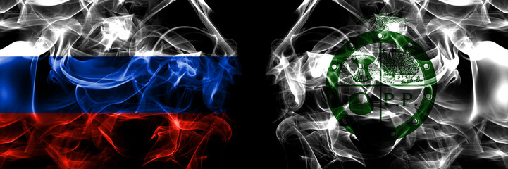 Russia, Russian vs United States of America, America, US, USA, American, Pee Pee Township, Ohio flags. Smoke flag placed side by side isolated on black background