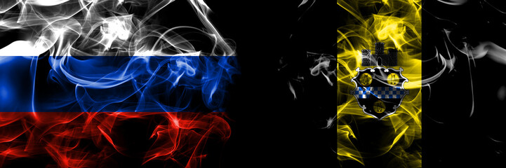 Russia, Russian vs United States of America, America, US, USA, American, Pittsburgh, Pennsylvania flags. Smoke flag placed side by side isolated on black background