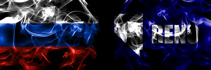 Russia, Russian vs United States of America, America, US, USA, American, Reno, Nevada flags. Smoke flag placed side by side isolated on black background