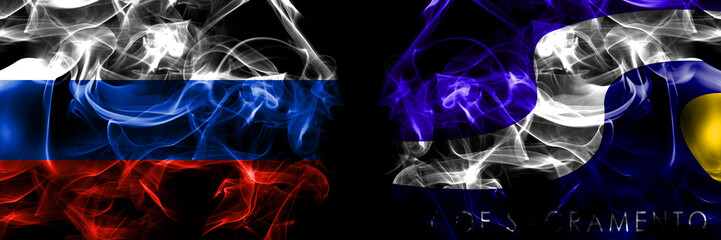 Russia, Russian vs United States of America, America, US, USA, American, Sacramento, California flags. Smoke flag placed side by side isolated on black background