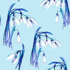 Fototapeta na wymiar Spring snowdropes flowers watercolor isolated on light blue background seamless pattern.