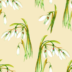 Obraz premium Snowdrops flowers bouquets watercolor isolated on light yellow background seamless pattern.