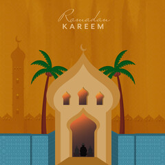Ramadan Kareem Concept With Mosque View, Palm Trees On Brown And Blue Texture Background.