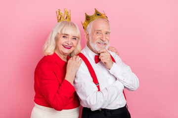 Photo of retired pensioner lady man enjoy stylish party wear golden tiara white shirt isolated...