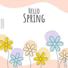 Hello Spring Poster Design With Pastel Flowers On Pink And White Background.