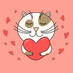 Vector illustration of a smiling cat with red hearts on a salmon-colored background, the print can be used to make Valentine's Day cards.