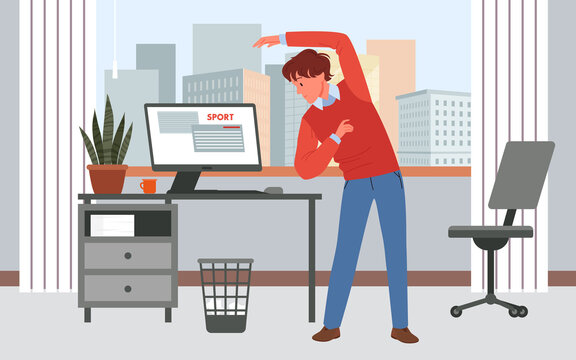 Scene of employee doing physical exercises in office. Worker health and body wellbeing, sport warming up break and stretching activity at workstation cartoon vector illustration