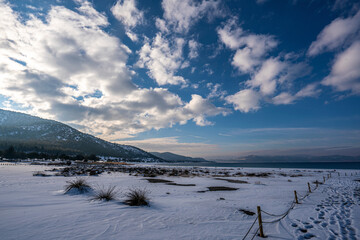 Scenic views of Salda lake in winter which is  famous with white sand, glassy turquoise water, Burdur, Turkey