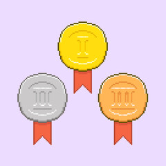 colorful simple flat vector pixel art set of golden, silver and bronze medals of first, second and third place