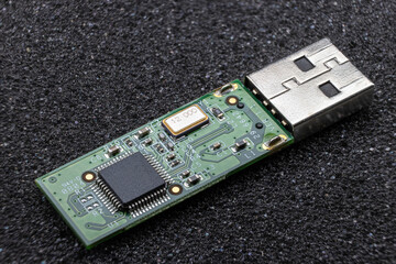 Close up of usb module electronic board with microchip and smd c