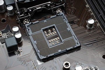 Close-up of an open slot for installing a processor. Modern motherboard before installing the...