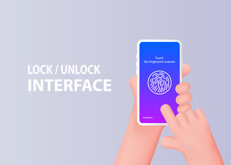 Smartphone screen lock with fingerprint scanner. The hand is holding a mobile phone.