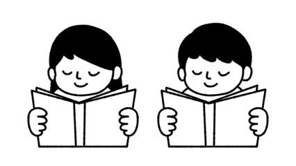 Boy and girl reading a book logo icon. Hand drawn, cute, trendy characters, vector illustration.