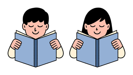 Man and woman reading a book logo icon. Hand drawn, cute characters, vector illustration.