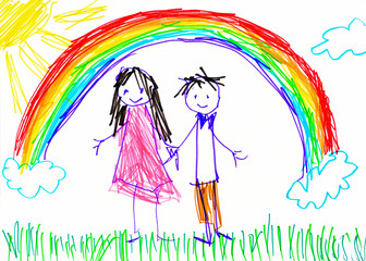 happy couple in nature under rainbow. felt-tip stock illustration - obrazy, fototapety, plakaty