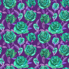 Bright ornament of turquoise, blue, roses on a purple background. Blooming buds, flowers, leaves, branches, buds, petals. Seamless watercolor pattern for textiles, clothing, gift paper, shawl.