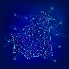 Global logistics network concept. Communications network map Mauritania on the world background. Map Republic of Mauritania with nodes in polygonal style. EPS10.
