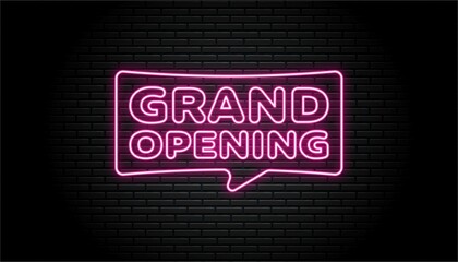 Grand opening neon sign with brick wall background template.