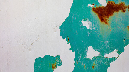 The paint peeled off the wall by rusting. Old wall surface with deceiving color.