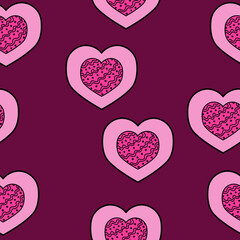 Obraz na płótnie Canvas Seamless pattern of hearts with waves and dots for Valentines Day, pink doodle hearts on a dark pink background
