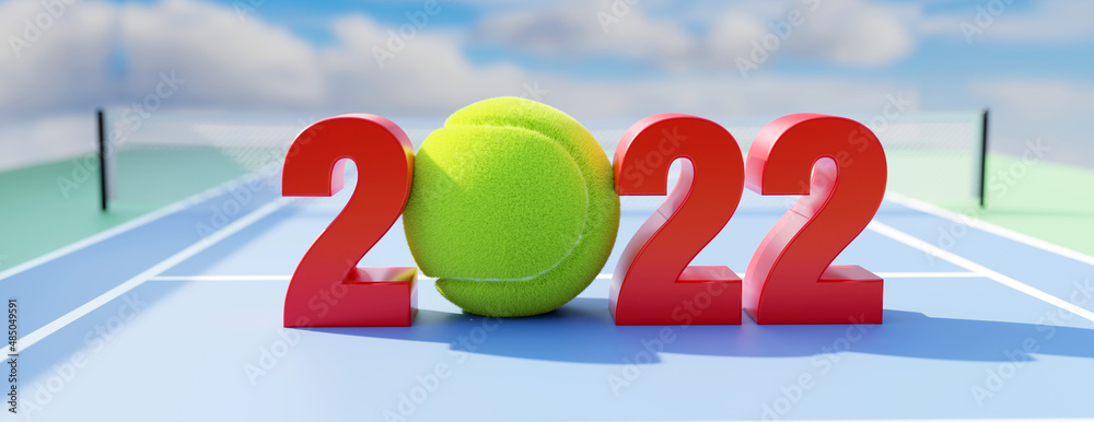 Wall mural 2022 tennis calendar. new year number on open sport court floor background. 3d render