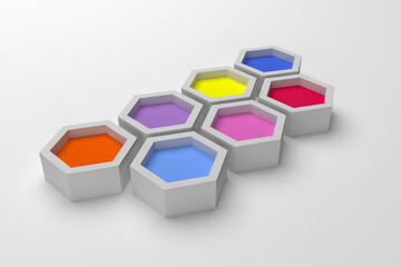 Volumetric colored hexagons on a light background. Places to fill with tex