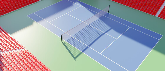 Tennis stadium court outdoor. Empty open sport field with net and seats, above view. 3d render