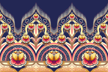 Pink Yellow Brown Flower on Navy Blue. Geometric ethnic oriental pattern traditional Design for background,carpet,wallpaper,clothing,wrapping,Batik,fabric, illustration embroidery style