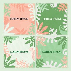 Set of abstract leaves banner, natural background. Green, pink colors Vector backdrop.