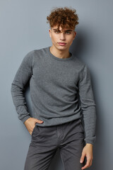 Attractive man posing stylish clothes model isolated background