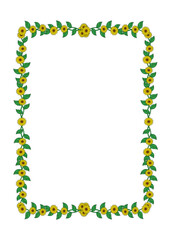 Vertical sunflowers frame isolated on white background