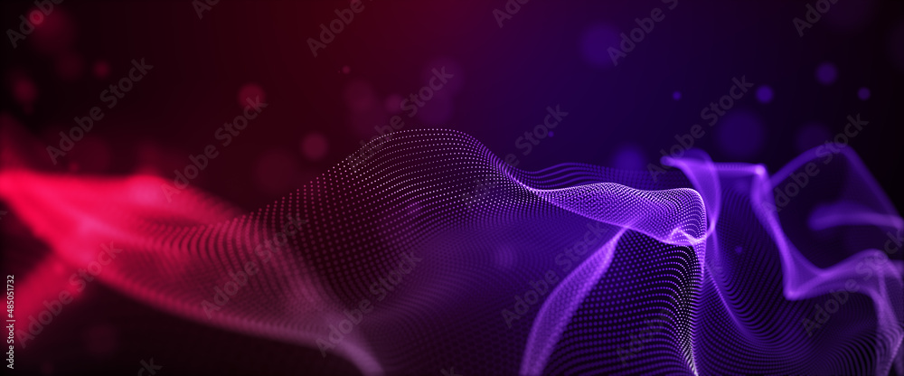 Poster digital particle wave floor red and purple color abstract background. 3d rendering
