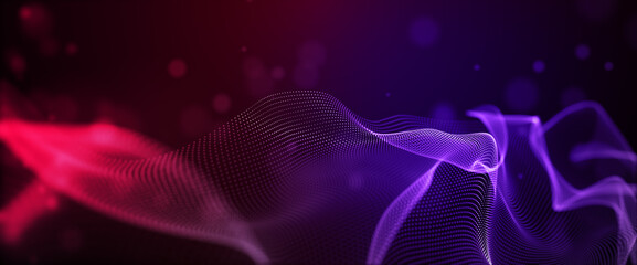 Digital particle wave floor red and purple color abstract background. 3D rendering