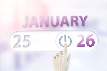 January 26th. Day 26 of month, Calendar date.Hand finger switches pointing calendar date on sunlight office background. Winter month, day of the year concept.