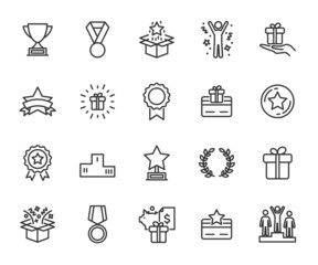 Vector set of reward line icons. Contains icons prize, trophy, winner, gift, loyalty program, bonus card and more. Pixel perfect.