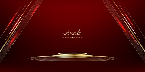 3D winner podium, red carpet party gold stars award concept. B