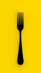 Fork is black on yellow background. Isolated object. Vertical image. 3D image. 3D rendering.