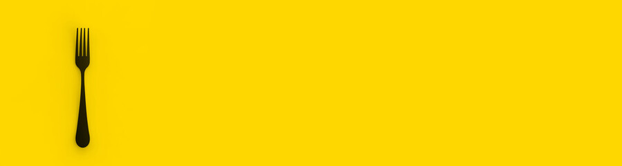 Fork is black on yellow background. Isolated object. Horizontal image. Banner for insertion into site. 3D image. 3D rendering.