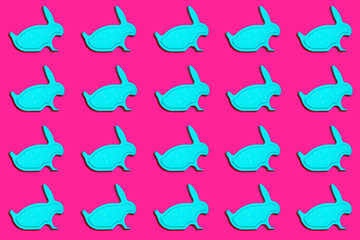 Plasticine rabbit, blue rabbit on a pink background, background image, bunnies 