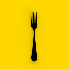 Fork is black on yellow background. Isolated object. Square image. 3D image. 3D rendering.