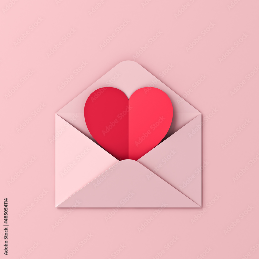 Poster Blank heart paper card in pink envelope isolated on pink pastel color background with shadows minimal conceptual for valentines day 3D rendering
